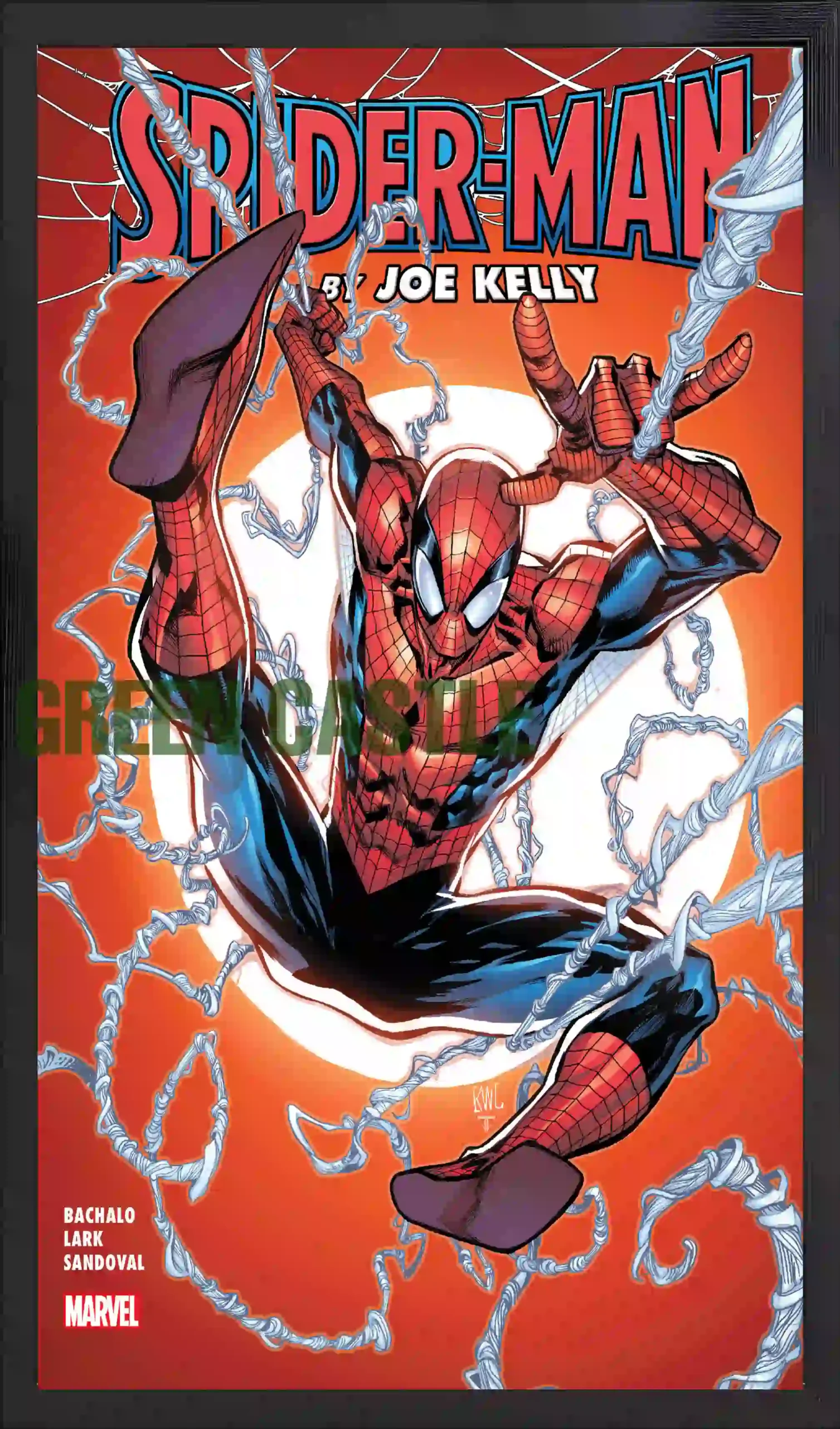 قاب پوستر با طرح جلد کمیک "Spider-Man by Joe Kelly" که مرد عنکبوتی را در حال پرش و پرتاب تار در یک ژست آکروباتیک با پس‌زمینه نارنجی و دایره‌های تارعنکبوت نشان می‌دهد. لوگوی "SPIDER-MAN" در بالای تصویر و نام نویسندگان/طراحان (Joe Kelly, Bachalo, Lark, Sandoval) در پایین آن قرار دارد.