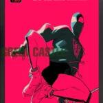قاب پوستر با طرح جلد کمیک "MARVEL MILES MORALES: SPIDER-MAN" که مایلز مورالز را در لباس اسپایدرمن سیاه و قرمز با هودی، به صورت دو بعدی در حال پرش یا حرکت در پس‌زمینه‌ای تقریباً صورتی رنگ نشان می‌دهد. لوگوی "10 YEARS" نیز در کنار لوگوی مارول در بالا دیده می‌شود.