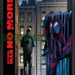 پوستری با ابعاد 60x40 یا 70x40 سانتی‌متر از جلد کمیک "Miles Morales: Spider-Man" که یک مرد جوان (مایلز مورالس) را از پشت در حال ایستادن زیر باران در یک فضای شهری شبانه، در حالی که به لباس آویزان اسپایدرمن نگاه می‌کند، نشان می‌دهد. عنوان "SPIDER-MAN: NO MORE" به صورت عمودی در سمت چپ پوستر قرار دارد.