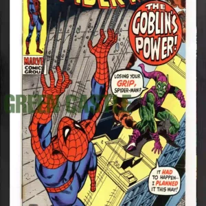 پوستری با ابعاد 60x40 یا 70x40 سانتی‌متر از جلد کمیک "The Amazing Spider-Man #98" که اسپایدرمن را در حال سقوط و گرین گابلین را بر روی گلایدرش که در حال صحبت است، بر فراز یک ساختمان شهری نشان می‌دهد. عناوین "THE AMAZING SPIDER-MAN" و "THE GOBLIN'S POWER!" و حباب‌های دیالوگ در پوستر دیده می‌شوند.
