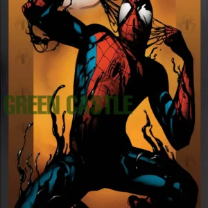 پوستری با ابعاد 60x40 یا 70x40 سانتی‌متر از جلد کمیک "Ultimate Spider-Man" که اسپایدرمن را با لباس قرمز و آبی خود نشان می‌دهد، در حالی که سیمبیوت سیاه به صورت مایع از بدن او جدا شده و به سمت پایین می‌ریزد، بر روی پس‌زمینه‌ای با رنگ‌های گرم نارنجی و زرد.
