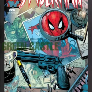پوستری با ابعاد 60x40 یا 70x40 سانتی‌متر از جلد کمیک "Peter Parker: Spider-Man #26" که یک میز درهم‌برهم با یک هفت‌تیر، گلوله‌ها، لیوان قهوه، عکس‌های پراکنده از اسپایدرمن و گرین گابلین، و یک ذره‌بین بزرگ بر روی صورت اسپایدرمن را نشان می‌دهد. عنوان "SPIDER-MAN" در بالای پوستر دیده می‌شود.