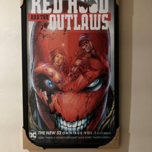پوستری با ابعاد 60x40 یا 70x40 سانتی‌متر از جلد کمیک "Red Hood and the Outlaws: The New 52 Omnibus Vol. 1" که کلاه قرمز رد هود را در مرکز با چشمان آبی درخشان و بازتاب دو شخصیت دیگر در داخل آن نشان می‌دهد. عنوان "RED HOOD AND THE OUTLAWS" در بالای پوستر دیده می‌شود.