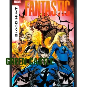 پوستری با ابعاد 60x40 یا 70x40 سانتی‌متر از جلد کمیک "Fantastic Four - Blood Hunt" که ثینگ، هیومن تورچ، نامرئی و رید ریچاردز را در پس‌زمینه‌ای قرمز با خفاش‌ها نشان می‌دهد. عنوان "MARVEL FANTASTIC FOUR BLOOD HUNT" در پوستر مشخص است.